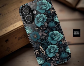 Teal Floral Phone Case: Gothic Roses, Dual Layer Protection