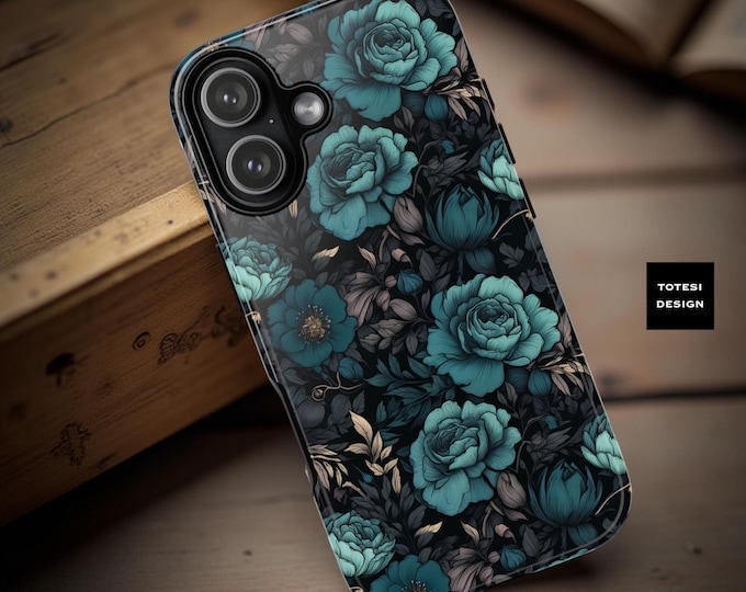 Teal Floral Phone Case: Gothic Roses, Dual Layer Protection