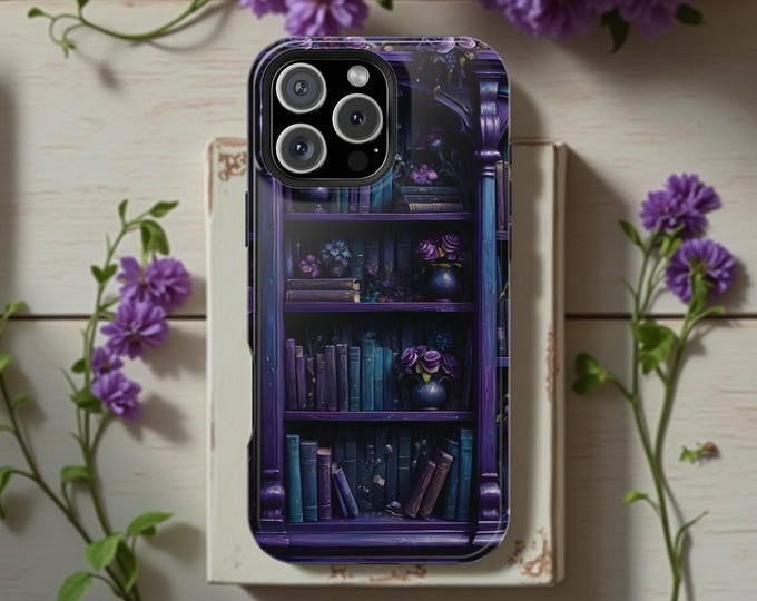 Magnetic iPhone Case, Dark Academia Bookshelf Phone Cover, Gothic Vibes, Vintage Nook, 16 15 14 13, Purple Blue Books, Tough Cases