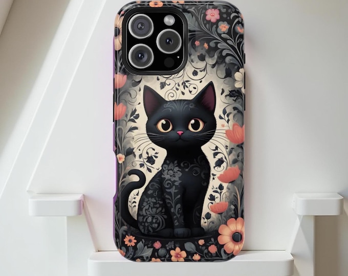 Black Kitty Flowers iPhone Case: Goth Protective Cover, MagSafe Compatible
