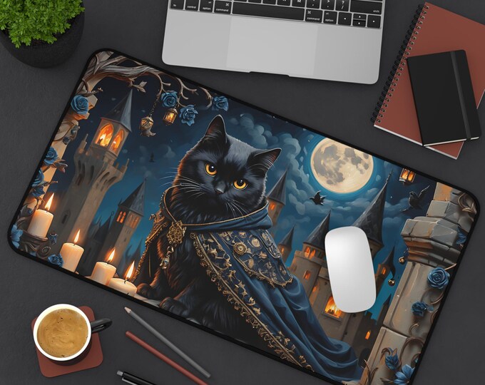 Mystical Cat Desk Mat | Gothic Office Decor, Gift for Cat Lovers, Home Office Accessory, Halloween Decor, Fantasy Desk Accessories