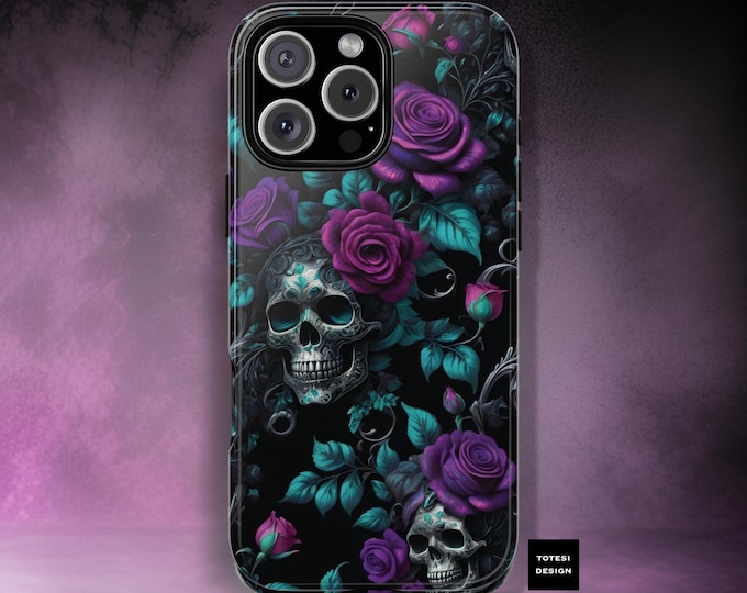 Victorian Gothic Black Purple Roses Skulls iPhone tough case 16 15 14 13 12 11 Plus Pro Max Mini |Glossy Matte