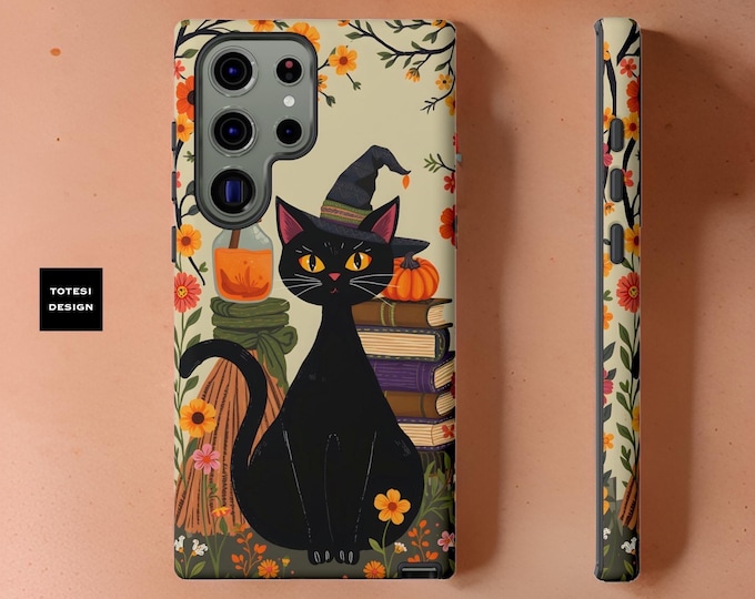 Samsung Galaxy Whimsical Witchy Floral Black Cat Phone Case  - S24 S23 S22 S21 Plus Ultra Cute Halloween Matte or Glossy Gift for daughter