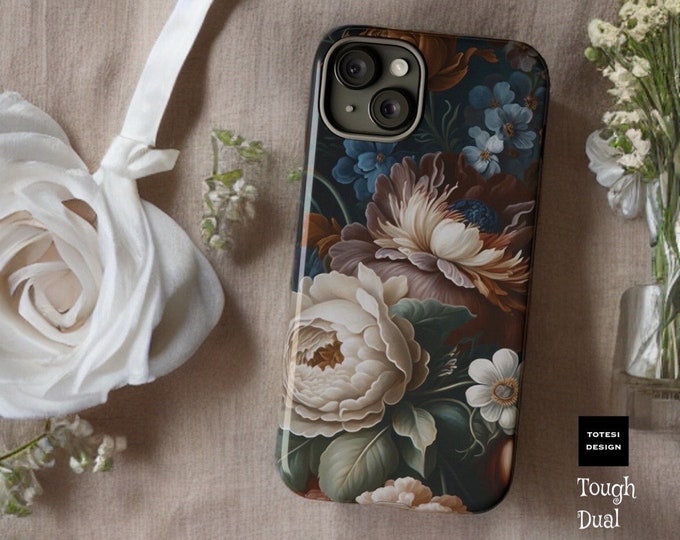 Dark Floral Academia, iPhone 15 14 13 12 Tough Case Plus Pro Max | ornamental Victorian Gothic floral |Glossy or Matte