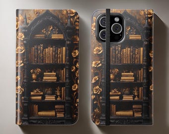 Gothic Bookcase iPhone Case: Dark Academia Bookish Cover with Cardholder