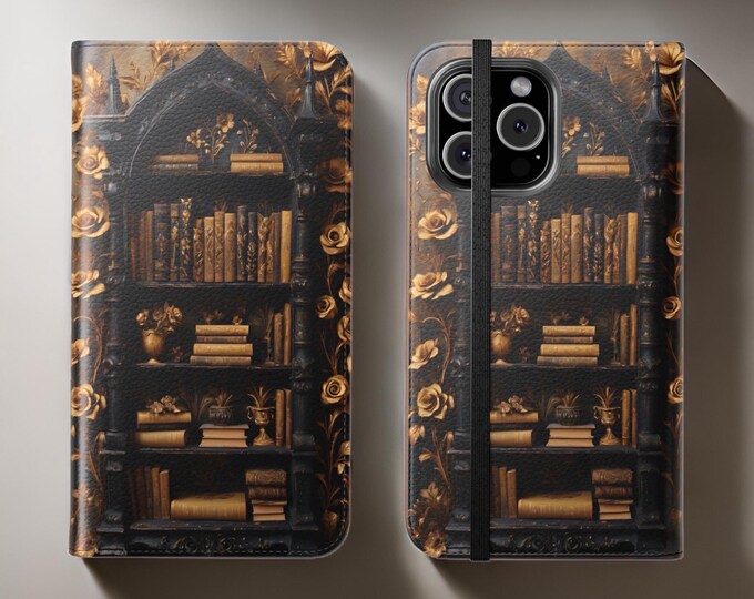 Vintage Books Gothic Bookcase iPhone Cover Case 11, 12,13,14 15 16 Pro Max Plus Samsung Galaxy| literary book worm lover Stand cardholder