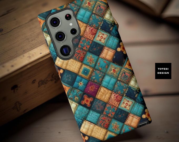 Quilt Pattern Phone Case: Turquoise Patchwork, Samsung S21-S25 (Glossy or Matte)