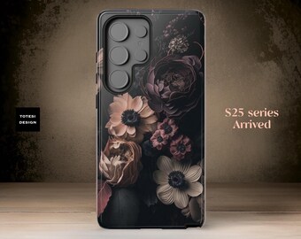 Phone Case, Dark Floral Academia Gothic Black Moody, Samsung S25 S24 S23 S22 Plus Ultra, Tough Sturdy, Glossy Matte. Ornamental Victorian,