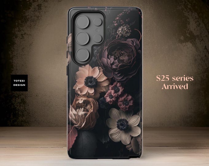 Phone Case, Dark Floral Academia Gothic Black Moody, Samsung S25 S24 S23 S22 Plus Ultra, Tough Sturdy, Glossy Matte. Ornamental Victorian,