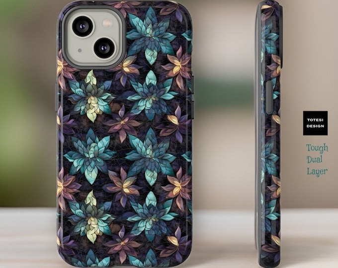 Mosaic Dark Flower Art tough phone case | iPhone, Samsung, Google | 15 14 13 12 11, S23 S22 S21 Ultra Plus Pro Max Tough Case |Glossy Matte