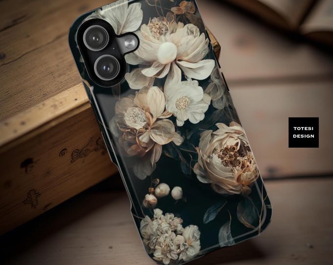 Dark Creamy Floral Art aesthetic iPhone magnetic case - 13 14 15 16 17Pro Max Plus Air | Vintage Cute whimsical boho