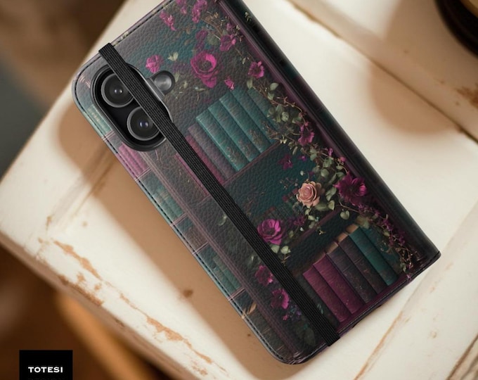 Dark Academia Bookshelf Phone Case: Gothic Bookworm Folio Cover