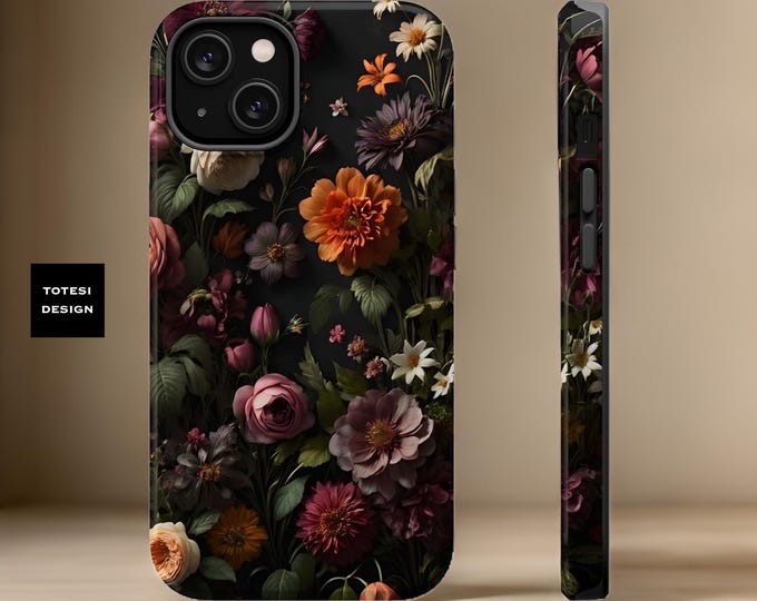 iPhone 16 MagSafe  Dark Moody Floral aesthetic iPhone case iPhone tough case - 13 14 15 Pro Max Plus Mini Glossy or Matte Gift for birthday
