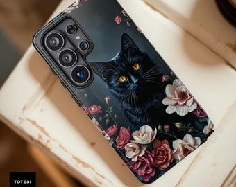 Gothic Black Cat Floral Samsung Phone Case: Celestial Witchy Design