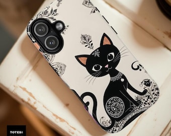 Black Cat Floral Art Tough Phone Case - Whimsical Cat Lover Gift