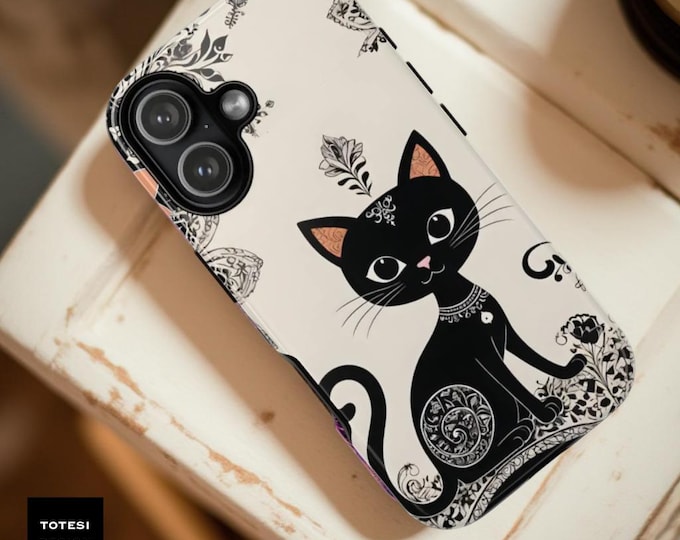 Black Cat Floral Art Tough Phone Case - Whimsical Cat Lover Gift