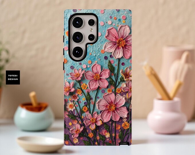 Phone Case, Flower Modern Art Tough Case for iPhone Samsung, Gift for Her, Arty Abstract, Pink Blue, Protective Cover
