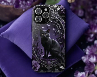 May include: A black phone case with a black cat sitting in a circle of purple flowers and a crescent moon design. The case has a clear back and a black border.