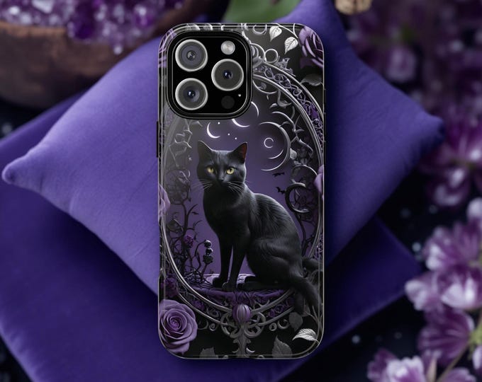 Gothic Celestial Black Cat Magic Witchy Tough Case - Samsung Galaxy iPhone 16 15 14 13 12 11 S25 S24 S23 S22 S21 Plus, Sturdy Phone Cover,