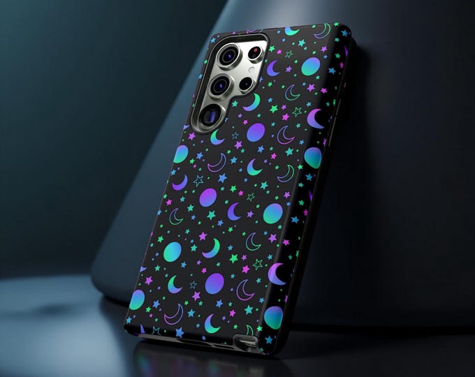 Dark neon, stars, moon, celestial, goth, witchy | Tough Cases | iPhone 16 15 14 13 12 11 S22, S23 S24 S25 Plus, Ultra| iPhone 11-16, Google
