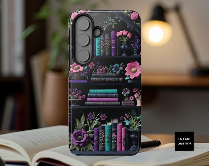 Cute Bookcase Books Floral Bookshelf iPhone tough dual layer phone case 16 15 14 13 12 11 Pro Max Plus, Samsung S25 S24 S23 S22 Plus Ultra