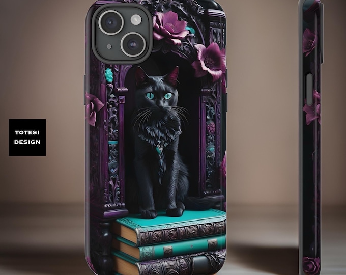 Gothic Cat Dark Academia Books Bookcase iPhone Sturdy Tough Case 16 15 14 13 12 11 Pro Max Plus Pro Glossy Matte