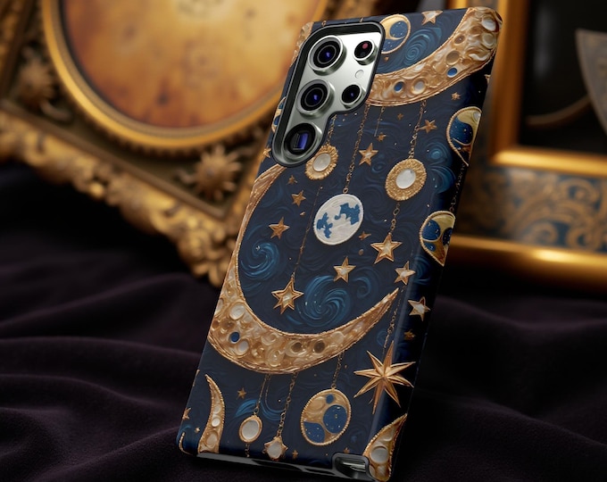 Celestial Phone Case Blue Lunar Crescent Stars Tough Phone Case, Samsung Galaxy S25 S24 S23 S22| iPhone 17 16 15 14 13 12 11 Pro Max plus,