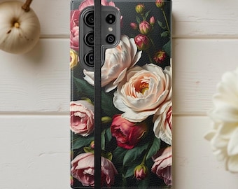 Vintage Pink Roses Flip Case | Floral Phone Wallet, Rose Bouquet Design