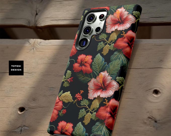 Hibiscus Tough Cases, Phone Shell Protective Cases, Boho Dark Floral, iPhone 16 15 13 14, Samsung Galaxy Phone Cases, S25 S23 S22  Plus,