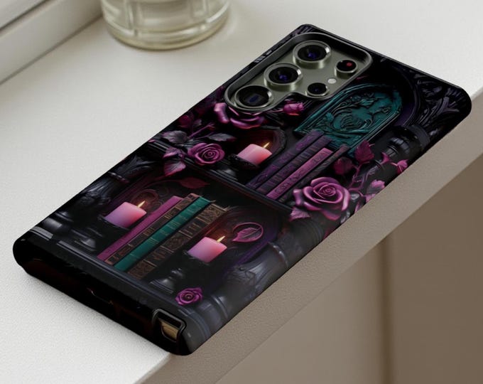 Phone Cases, Gothic Purple Dark Academia Bookshelf Floral Aesthetic, Samsung S24 S23 S25, Google Pixel 9, iPhone 16, 15 14, Gift Book Worm