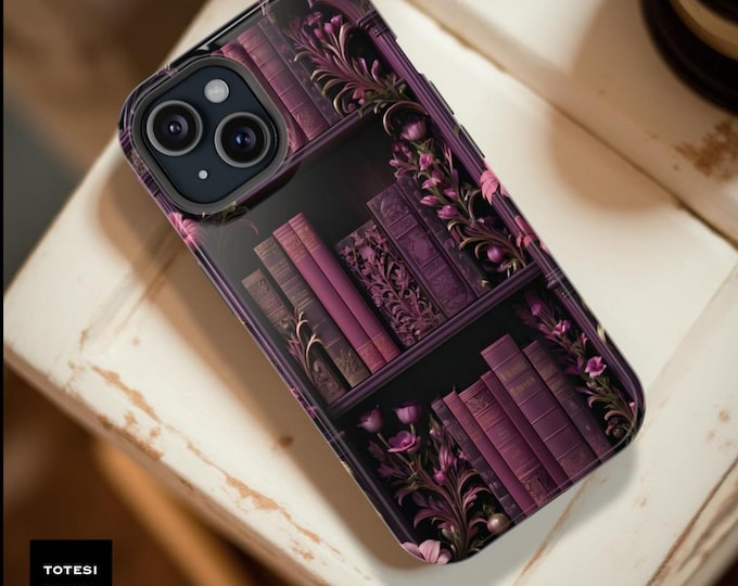 Magnetic Dark Academia Bookshelf Phone Case: Pink Floral Magsafe Compatible