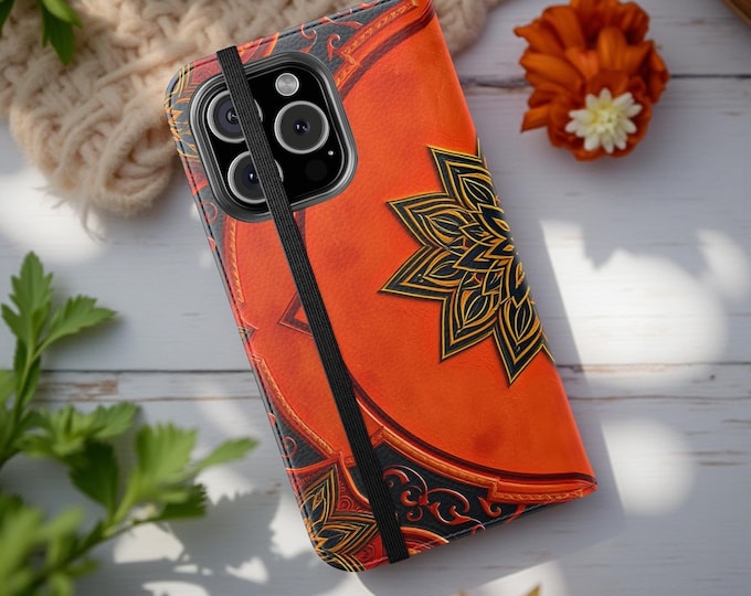 Bohemian orange phone case folder folio wallet cardholder stand, Faux Leather Folder protective cover