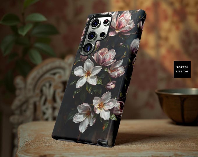 Phone Case Dark Moody Floral Magnolia,  Samsung S25 S24 S23 Plus Ultra, iPhone 16 15 14 13 12 11 Pro Max Plus, Google Gift for flower lover