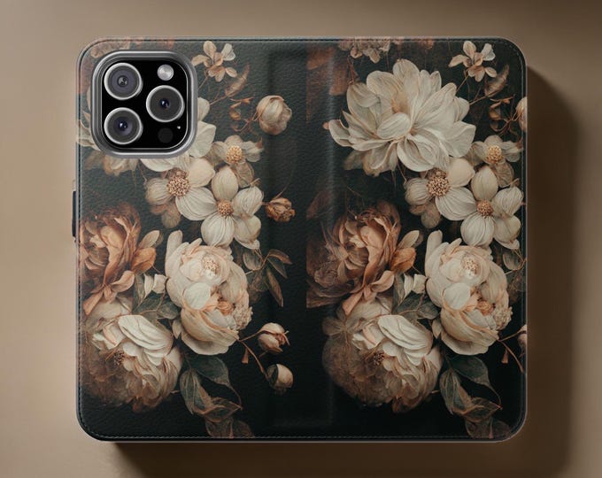 iPhone Phone cover dark moody floral art  Flip Folio Phone Case Cover Gothic Artsy Bookcase,  iPhone 11 12 13 14 15 16 cases covers