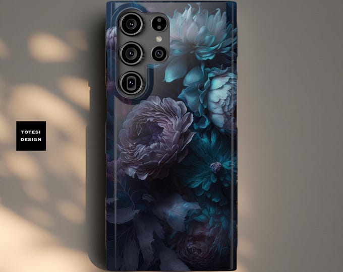 Blue Slim Case - Moody floral iPhone Samsung covers, boho modern unique gift birthday