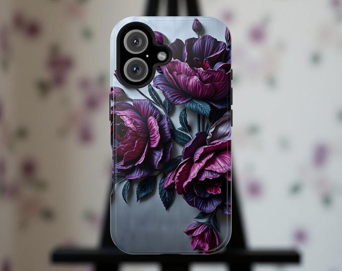 Romantic purple gray floral pattern Magnetic  MagSafe Tough iPhone  Case 17 16 15