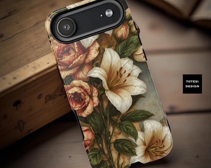 Phone Cases, Vintage Floral iPhone 17 16 15 Samsung Art Nouveau - wireless flat charging