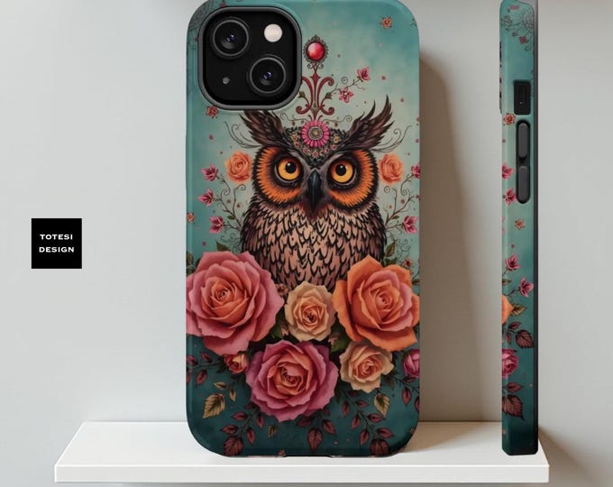 Whimsy Cute owl roses iPhone MagSafe Tough Case,  Phone Cover, Whimsy Goth 13 14 15 16, Glossy Matte, Whimsical goth, Gift birthday daughter