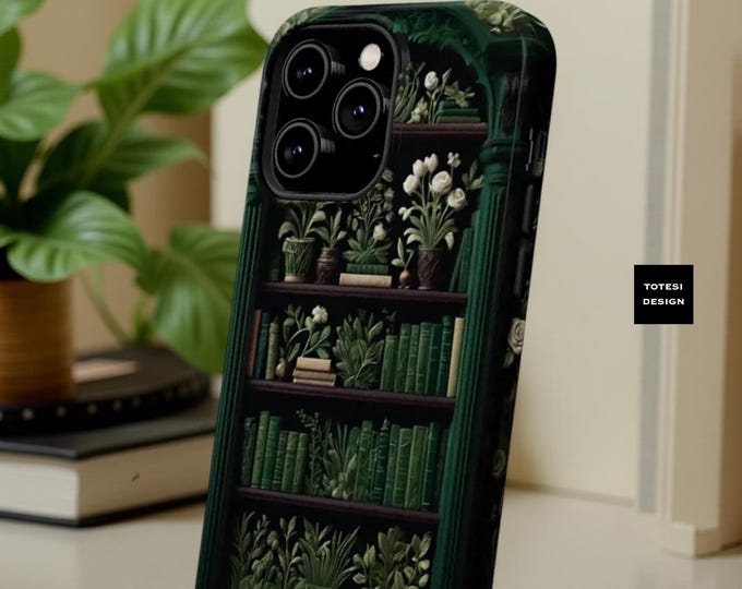 Book Lover Magnetic Tough Case, Cute Books Flowers Green iPhone Cover, Whimsical Bookshelf Design, for 16 15 14 13 Pro Max Plus Mini,
