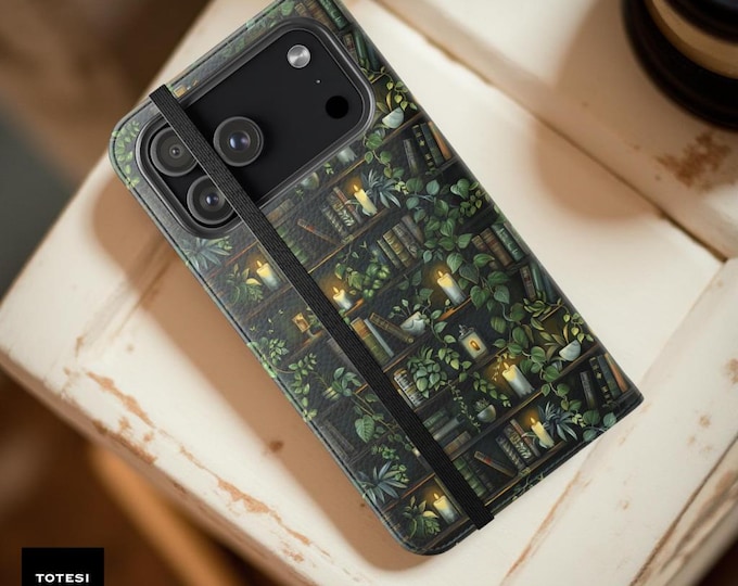 Bookshelf Plants iPhone Wallet Case – Faux Leather Cardholder Stand (Bookish Gift)