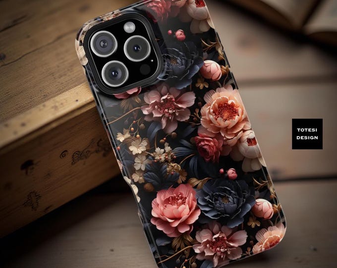 Dark Floral MagSafe iPhone Case: Bohemian Academia Tough Phone Cover