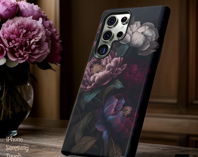 Gothic Floral Tough Case, Romantic Victorian Peony, iPhone Samsung Galaxy S25 S24 S23 S22 Ultra, Ornamental Black, Dark Moody | Alternative:
