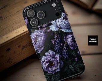 iPhone magnetic sturdy case | Dark moody purple floral Academia Gothic  dual layer 13 14 15 Pro Max Plus Mini|