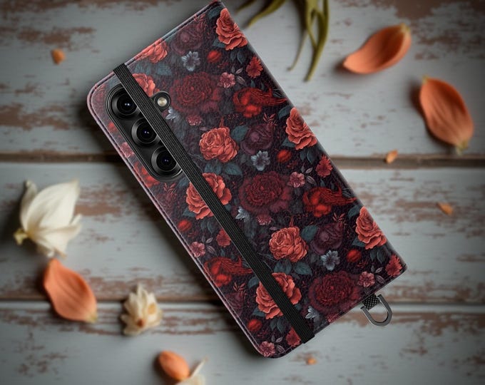Gothic Roses Wallet Phone Case | Faux Leather Cardholder Stand