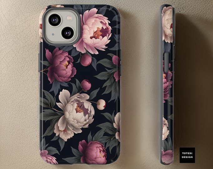 Phone Case Chic Dark floral Pink Peony Flower Samsung Galaxy Case S24 S23 S22 S21 iPhone 16 15 14 13 12 11 Pro Max Plus Matte or Glossy