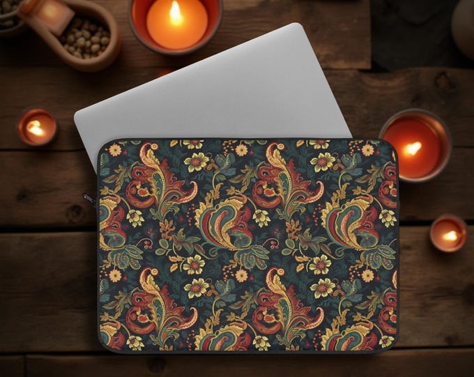 Paisley Dark Floral Laptop Sleeve Bag Case Zip Plush Fleece Padded 12 13 15 Inch, Macbook Cover, Elegant Sleeve, Floral Print Zip Case,