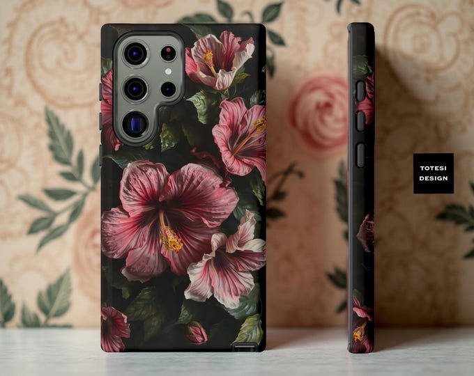 Dark Floral Academia Hibiscus Phone Case Samsung S25 S24 S23 Plus Ultra, iPhone 16 15 14 13 12 11 Pro Max Plus, Google Gift birthday matte