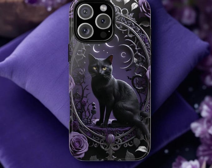 Gothic Celestial Black Cat Phone Case: Witchy Magic, Sturdy Protection