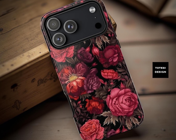 Gothic Moody Red Floral Phone Case: Dark Academia Protective Cover