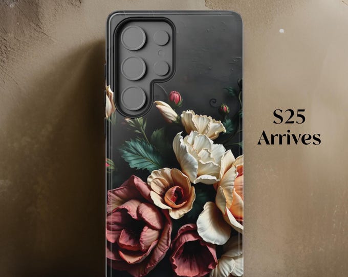 Chic Black Floral iPhone Case 16 15 14 13 12 11 Plus Pro Max Dual layer sturdy phone case, Samsung Galaxy S25 S24 S23 S22 Plus Ultra